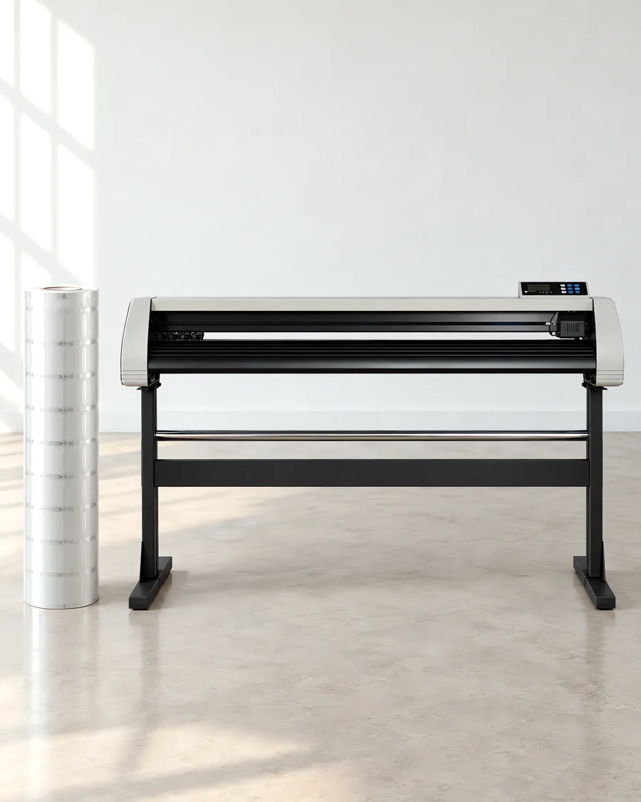 Rollo de vinilo ventanal, parado junto al plóter de corte
