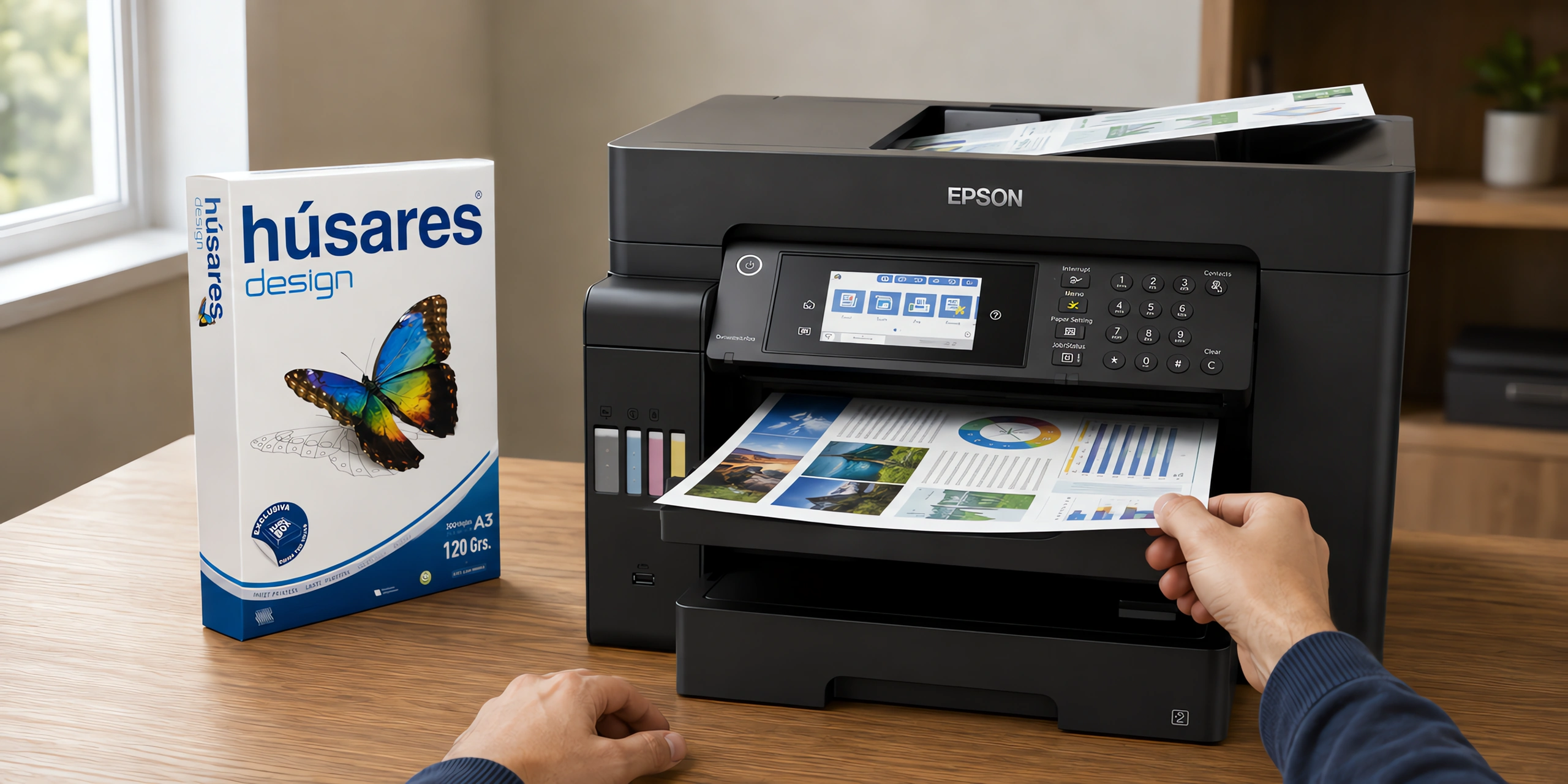 Una impresora A3 sacando una presentación a color junto al paquete de papel Húsares Design