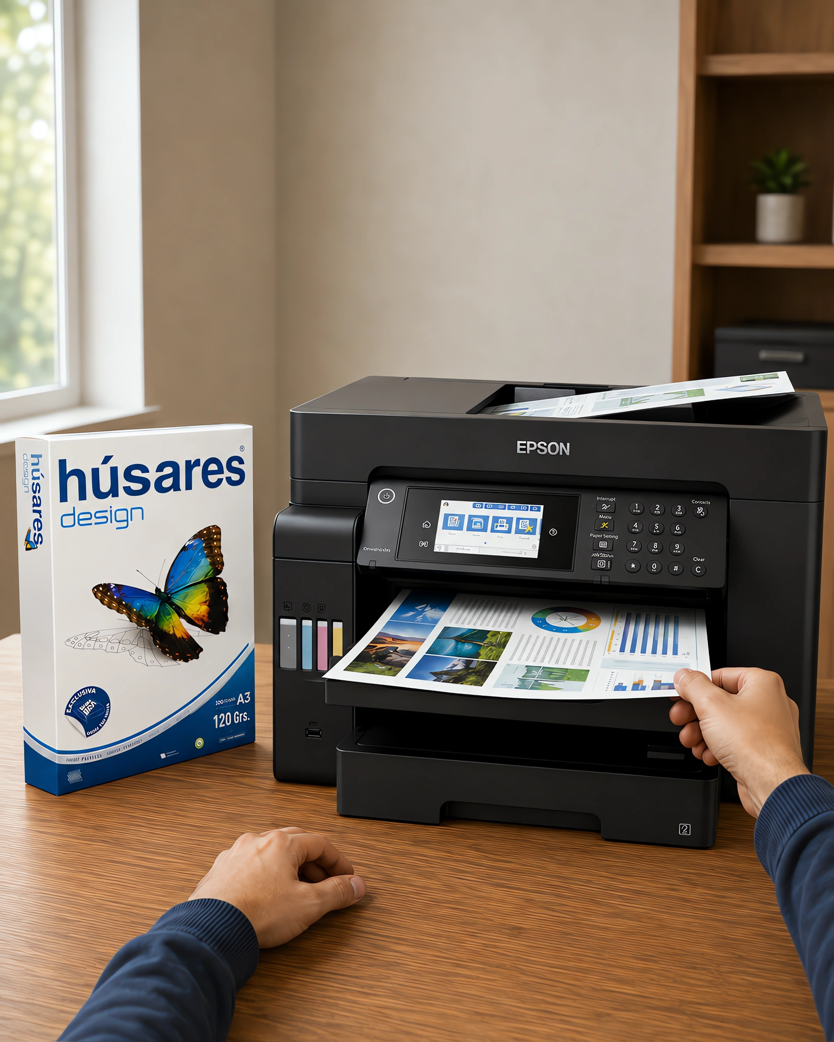 Una impresora A3 sacando una presentación a color junto al paquete de papel Húsares Design