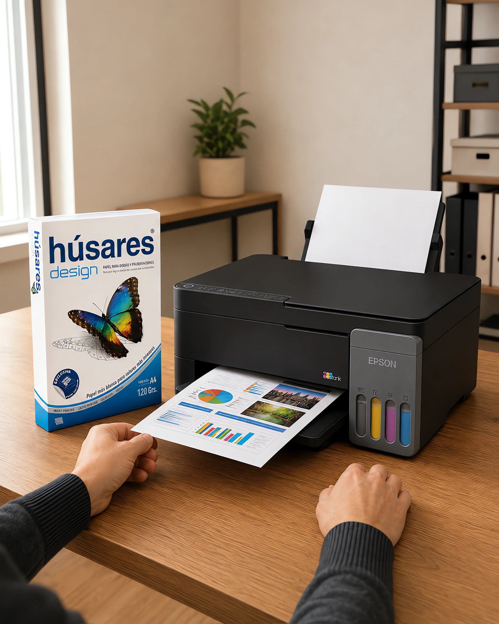 Una impresora sacando una presentación a color junto a un paquete de papel Húsares Design