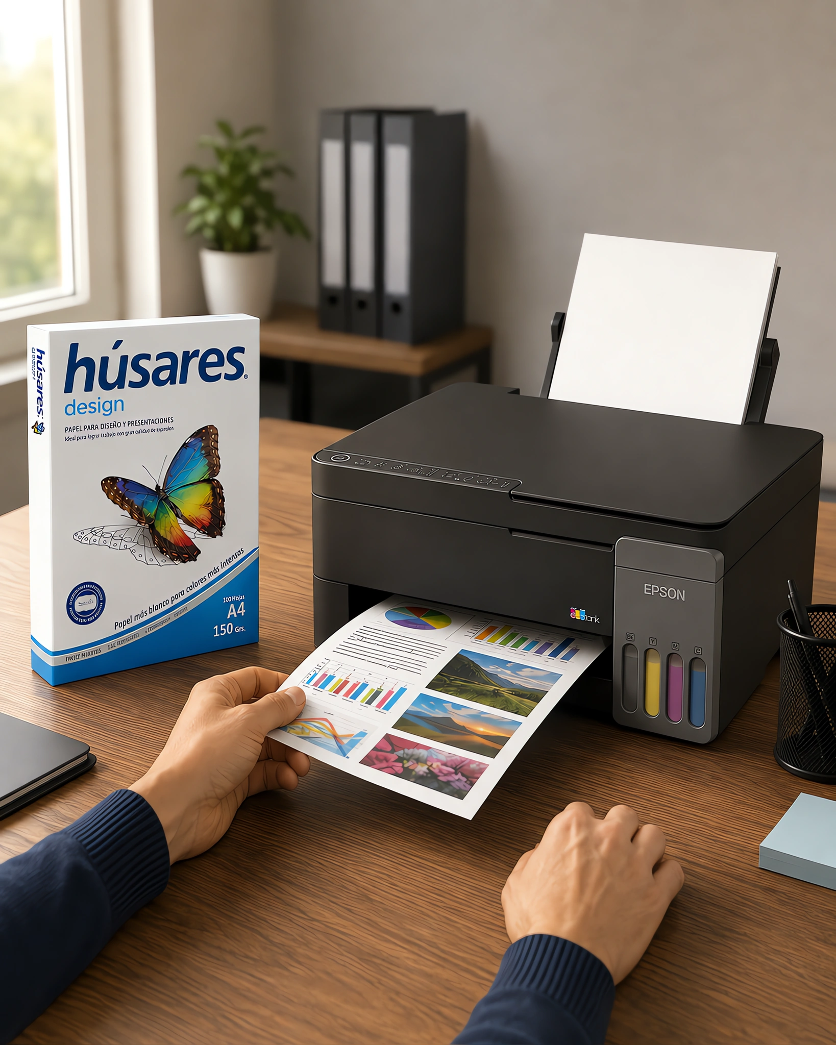 Una impresora sacando una presentación a color junto a un paquete de papel Húsares Design
