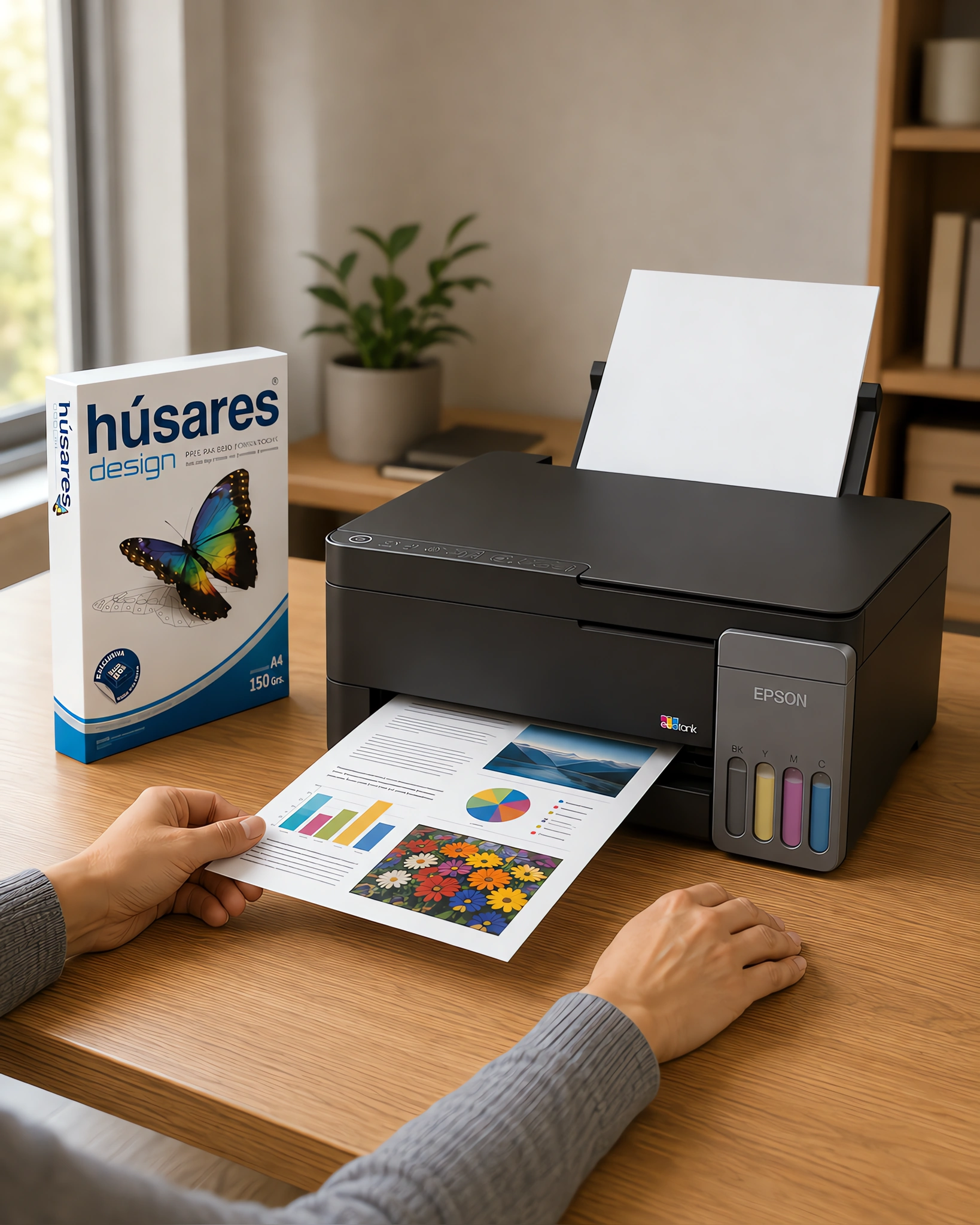 Una impresora sacando una presentación a color junto a un paquete de papel Húsares Design