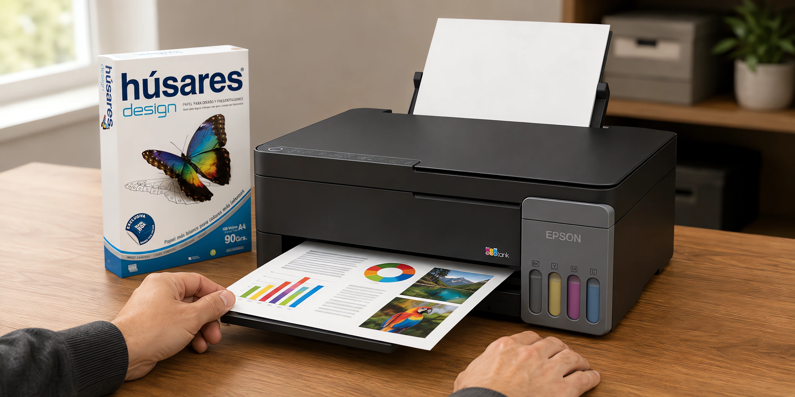 Una impresora sacando una presentación a color junto a un paquete de papel Húsares Design
