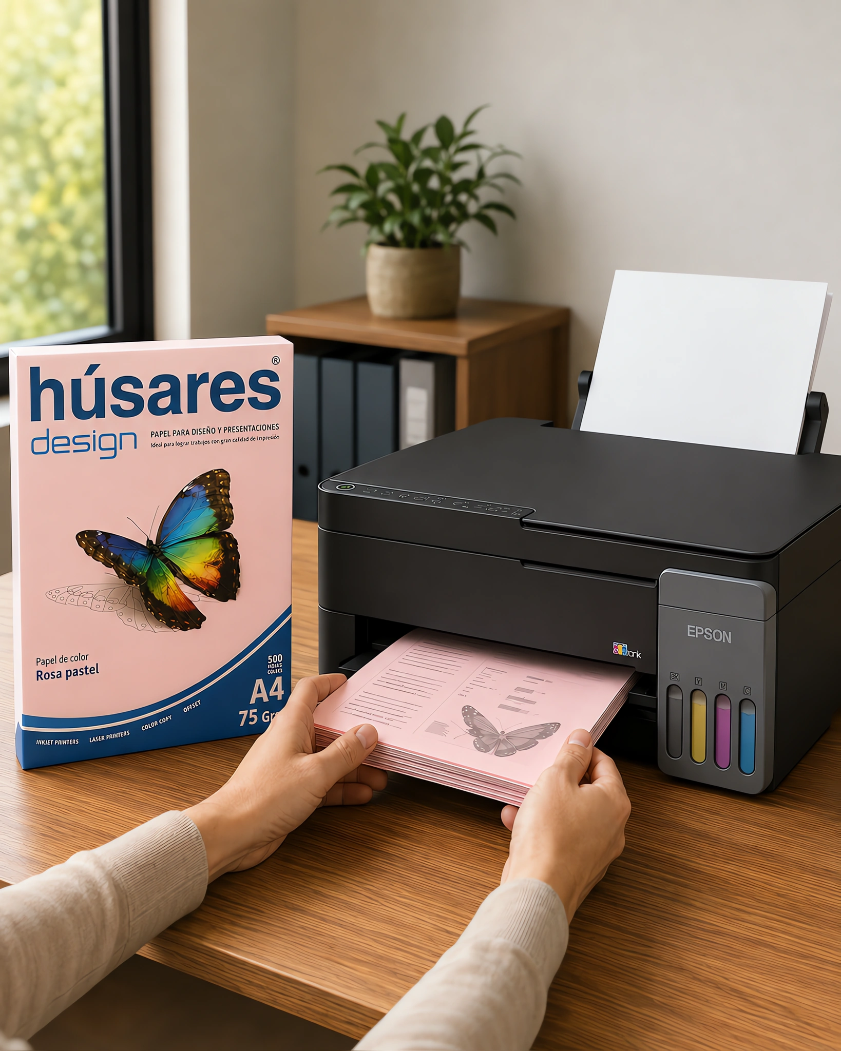 Una impresora con una pila de hojas celestes impresas junto al paquete de papel de color