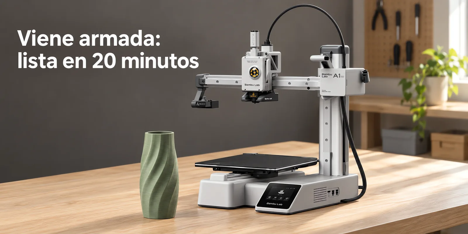 Impresora 3D chica sobre un escritorio de roble claro, con una pieza impresa al lado.