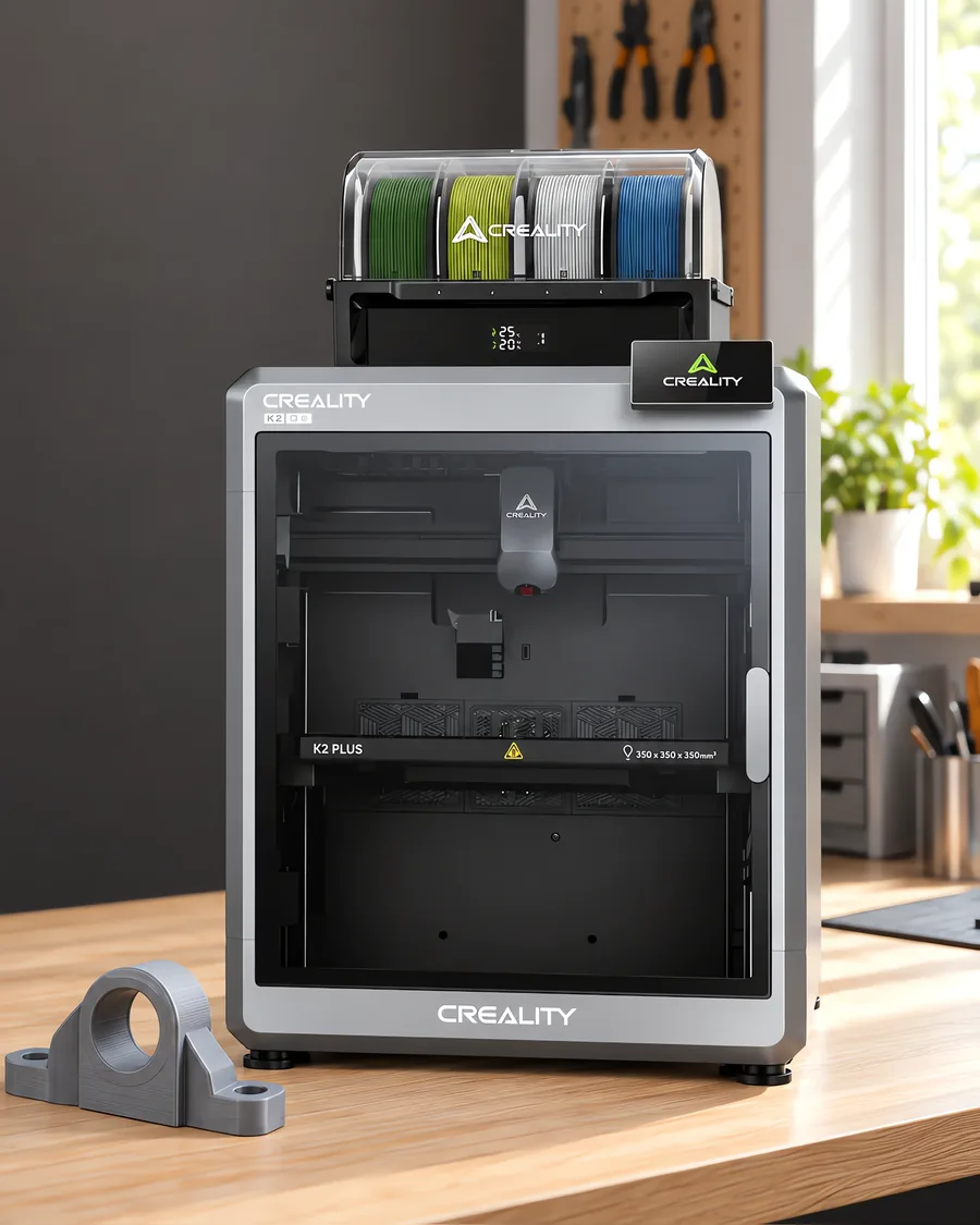 Impresora 3D cerrada con alimentador de cuatro carretes arriba, sobre un escritorio de roble claro, encuadre vertical.