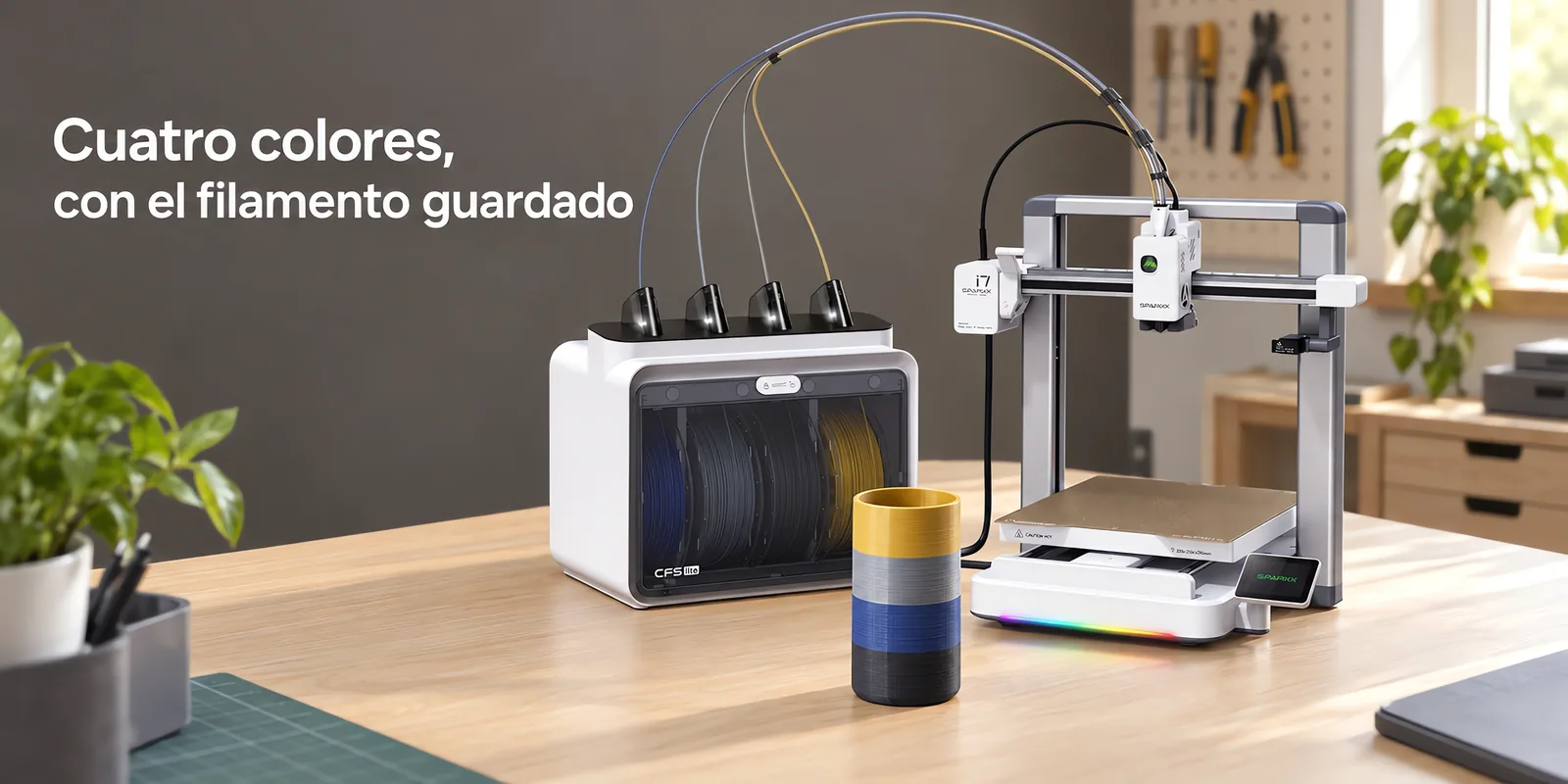 Impresora 3D multicolor con su caja de cuatro carretes sobre un escritorio de roble claro, con una pieza impresa al lado.