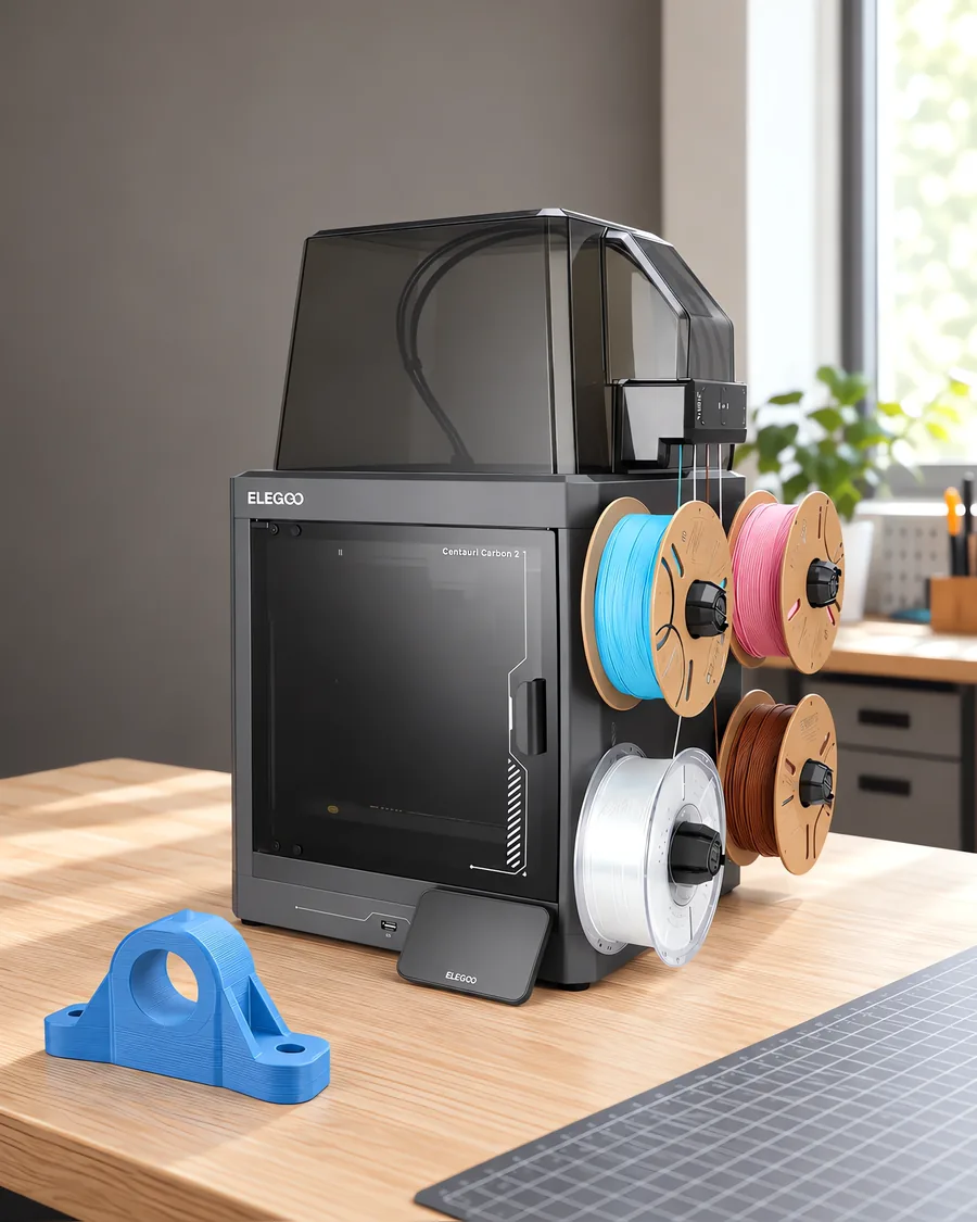 Impresora 3D cerrada con alimentador de cuatro carretes, sobre un escritorio de roble claro, encuadre vertical.