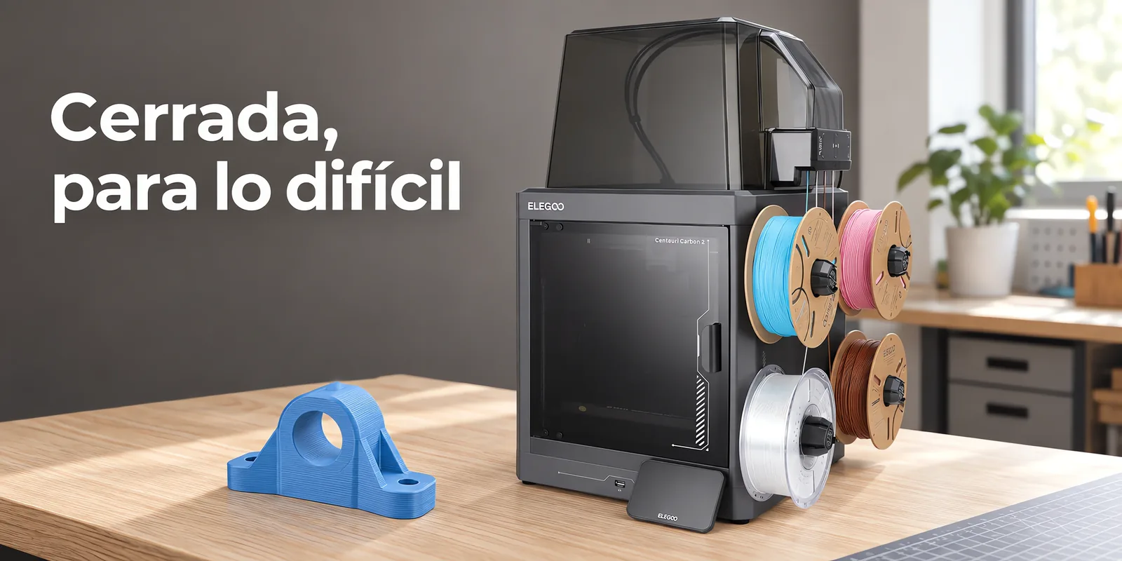 Impresora 3D cerrada con alimentador de cuatro carretes, sobre un escritorio de roble claro.
