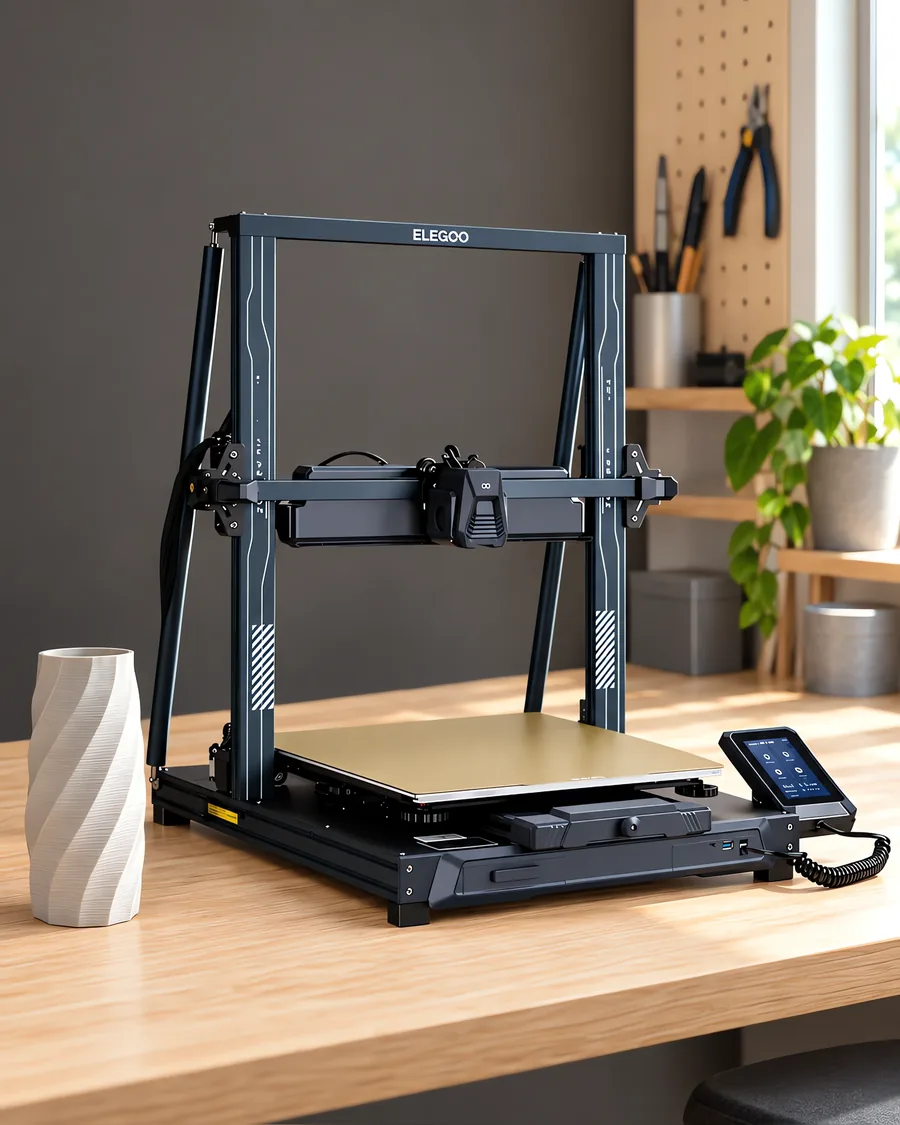Impresora 3D de gran formato sobre un escritorio de roble claro, encuadre vertical.