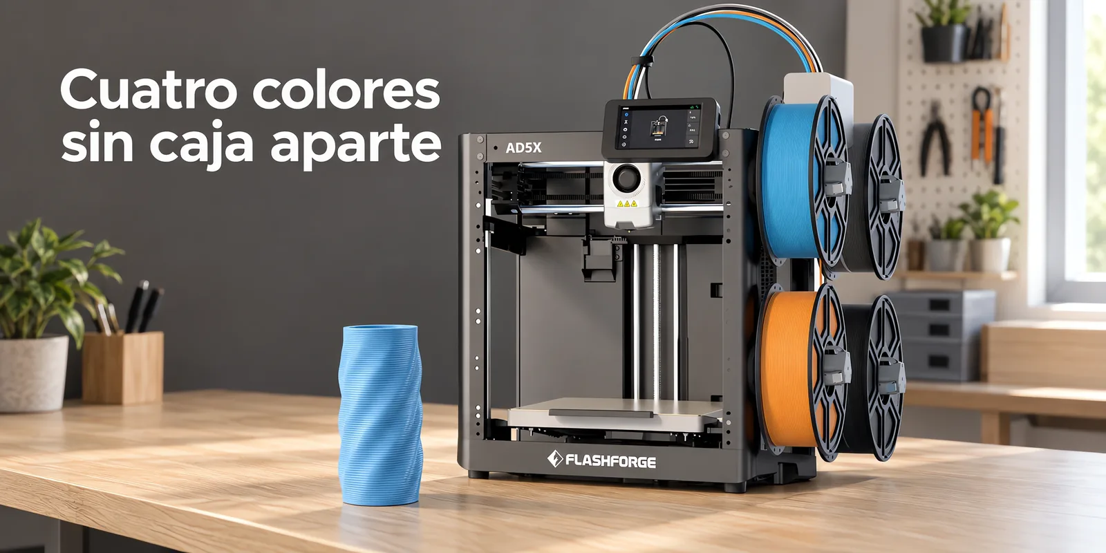 Impresora 3D de marco abierto con cuatro carretes al costado, sobre un escritorio de roble claro.
