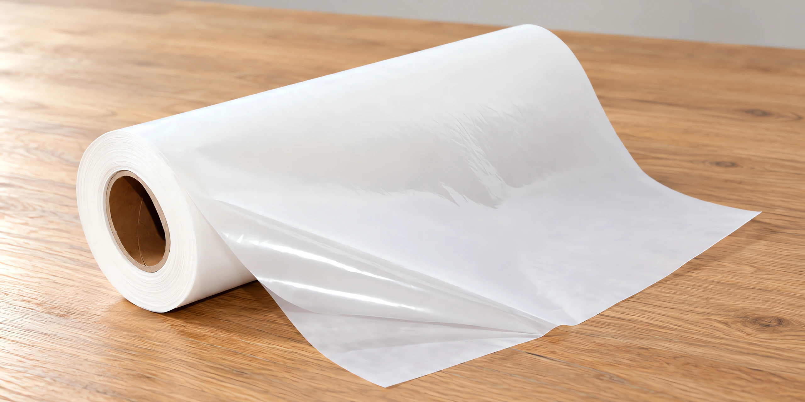 Rollo de lámina bifaz termoadhesiva de 48 cm, sobre la mesa de trabajo