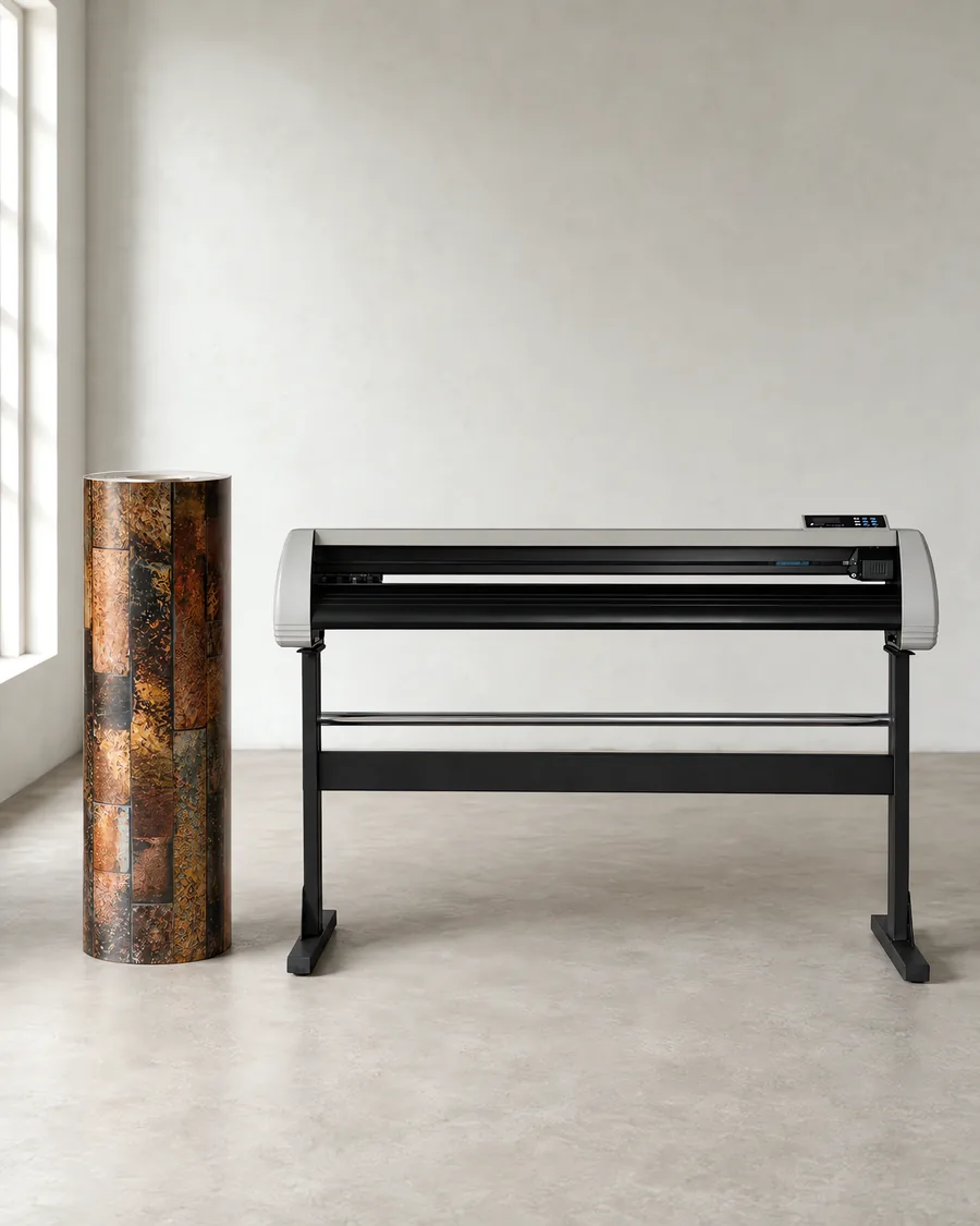 Rollo de vinilo caliza cobre, parado junto al plóter de corte