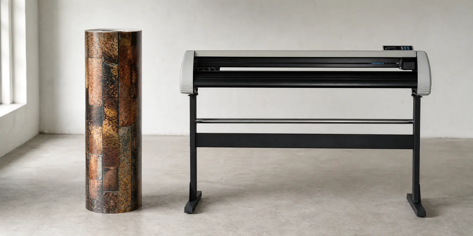 Rollo de vinilo caliza cobre, parado junto al plóter de corte