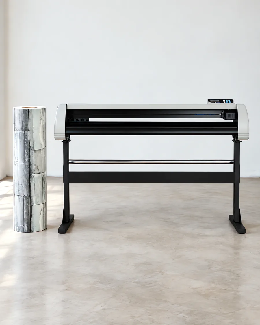 Rollo de vinilo caliza gris, parado junto al plóter de corte