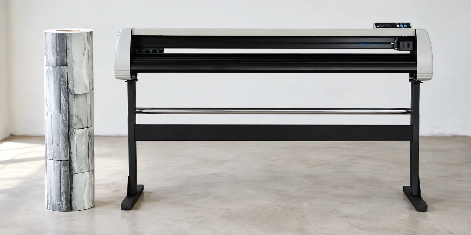 Rollo de vinilo caliza gris, parado junto al plóter de corte