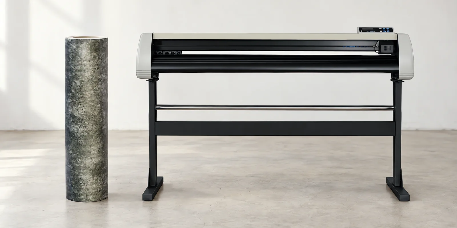 Rollo de vinilo cemento oscuro, parado junto al plóter de corte