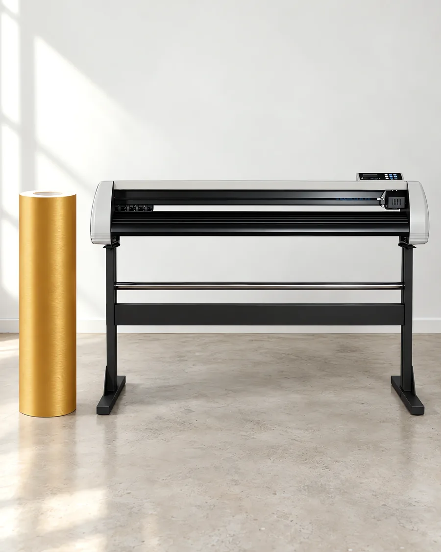 Rollo de vinilo escobado gold, parado junto al plóter de corte