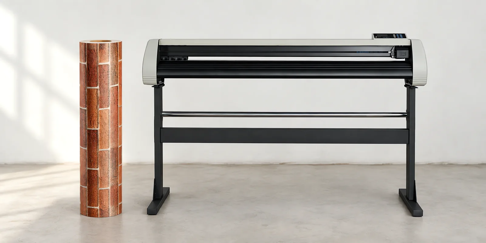 Rollo de vinilo ladrillo texturado, parado junto al plóter de corte