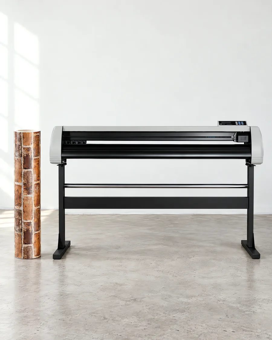 Rollo de vinilo ladrillo, parado junto al plóter de corte