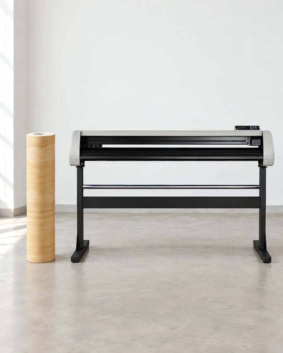 Rollo de vinilo madera abeto, parado junto al plóter de corte