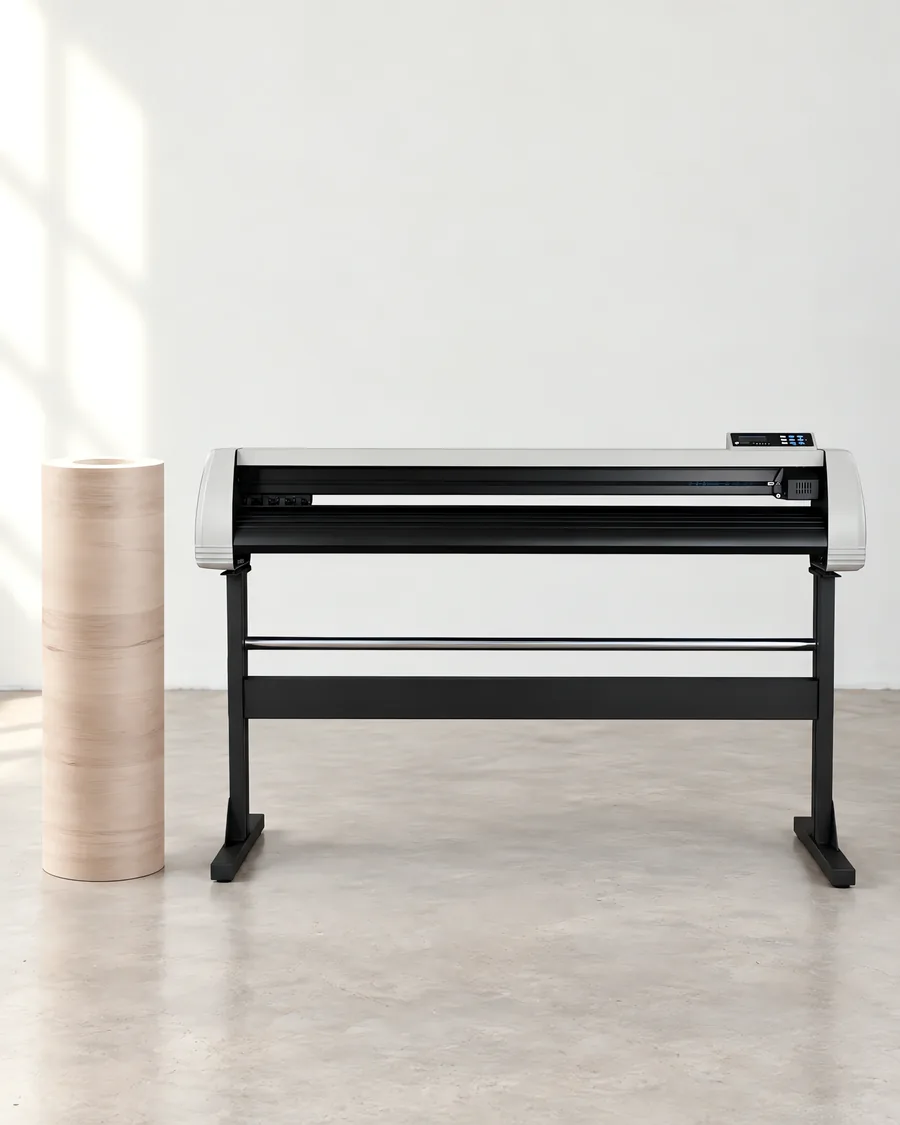 Rollo de vinilo madera ceniza, parado junto al plóter de corte