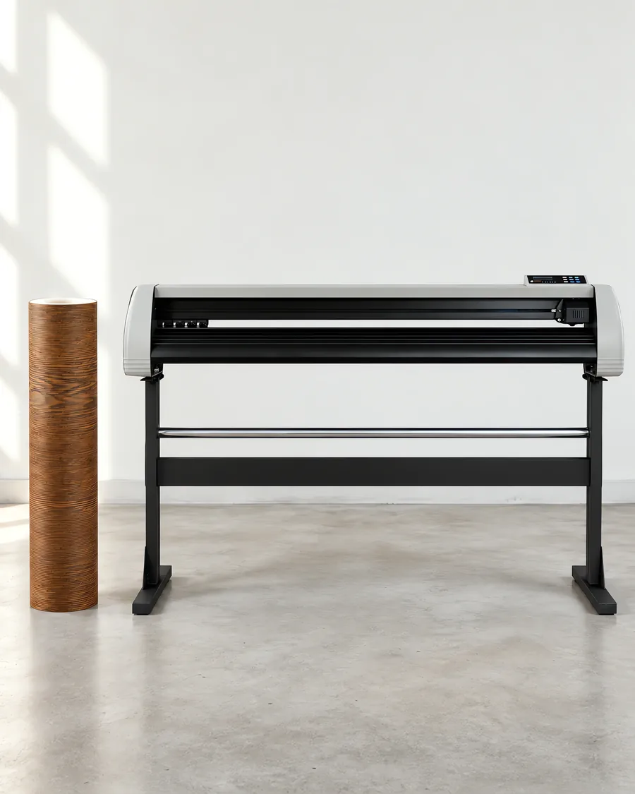 Rollo de vinilo madera nogal, parado junto al plóter de corte