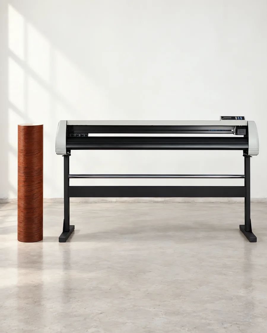 Rollo de vinilo madera quebracho rojizo, parado junto al plóter de corte