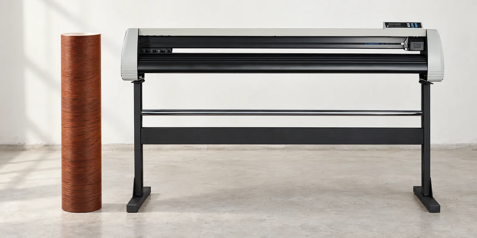 Rollo de vinilo madera quebracho rojizo, parado junto al plóter de corte