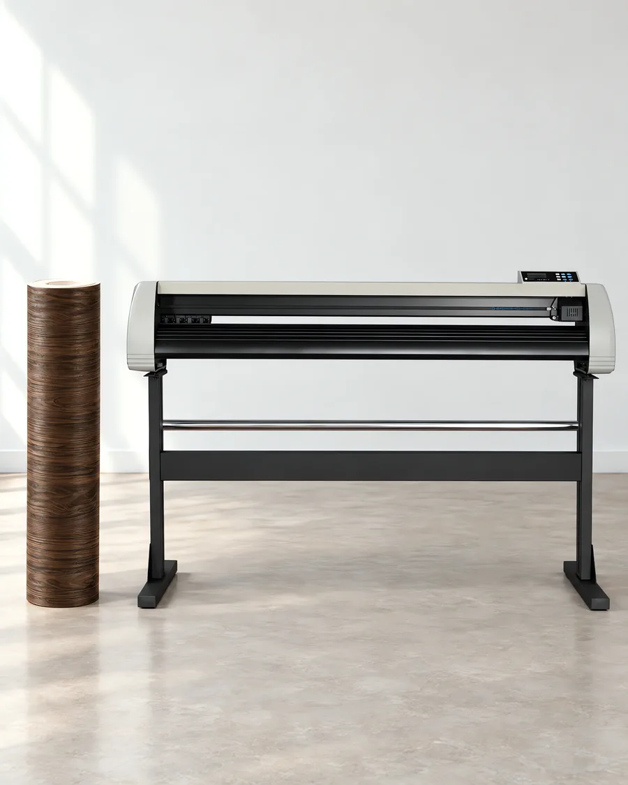 Rollo de vinilo madera roble, parado junto al plóter de corte