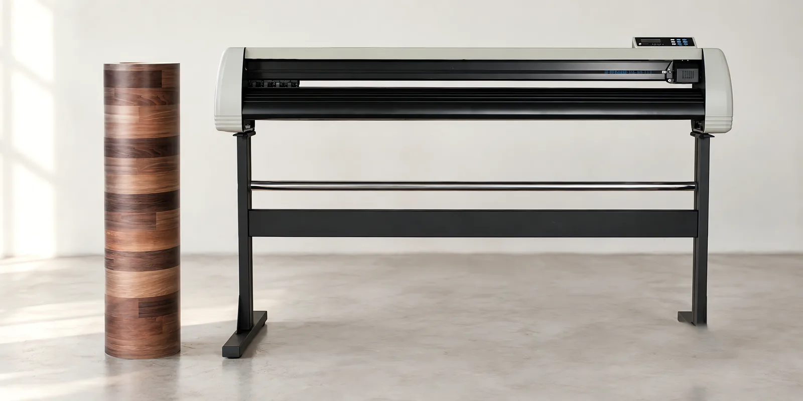 Rollo de vinilo maderas tabla de nogal, parado junto al plóter de corte
