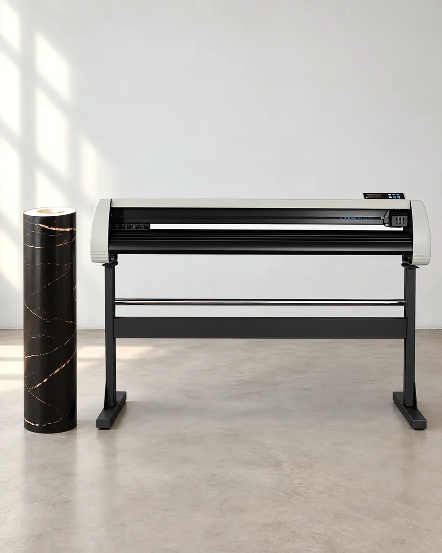 Rollo de vinilo marmol black mirage, parado junto al plóter de corte
