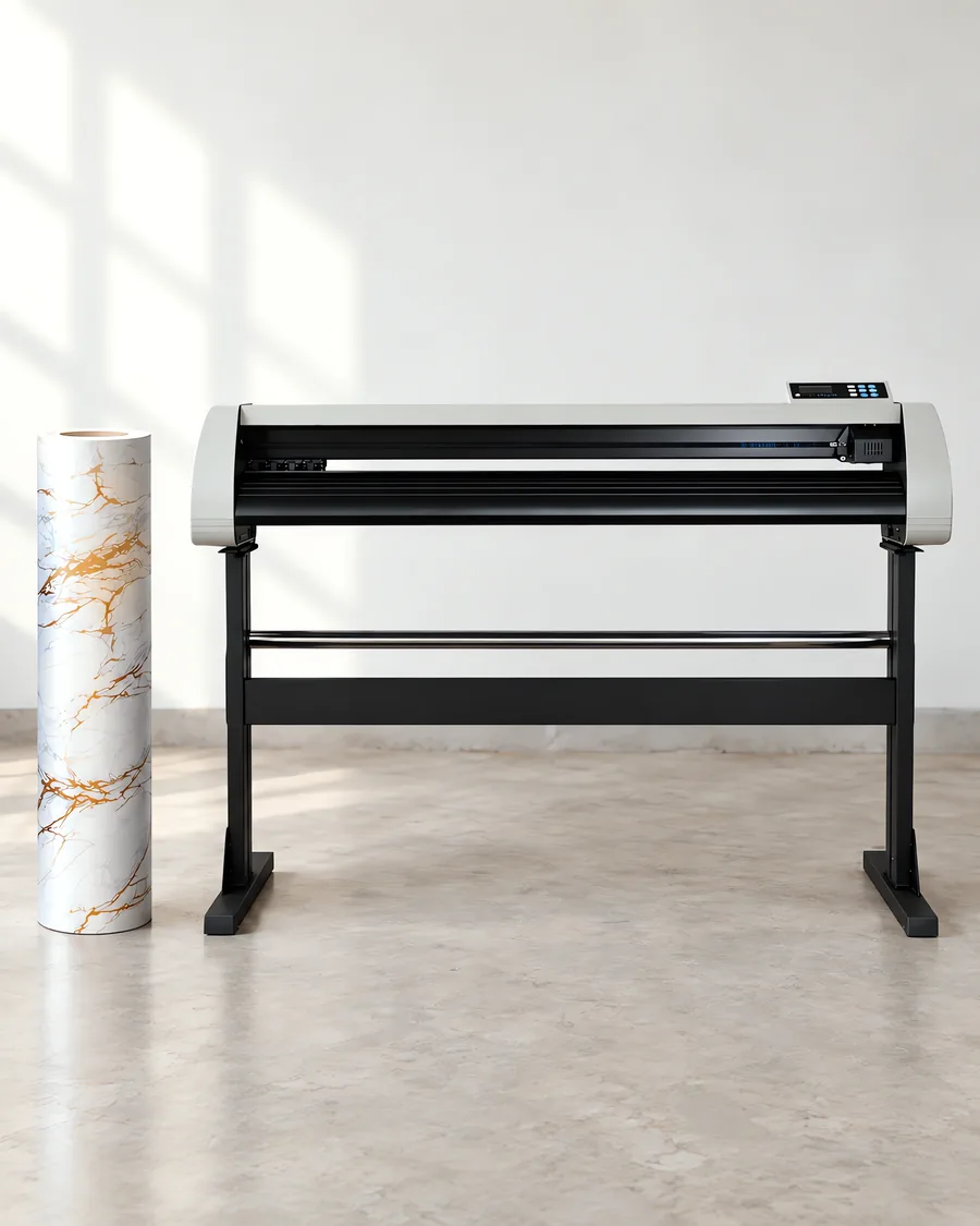Rollo de vinilo marmol gold calacatta, parado junto al plóter de corte
