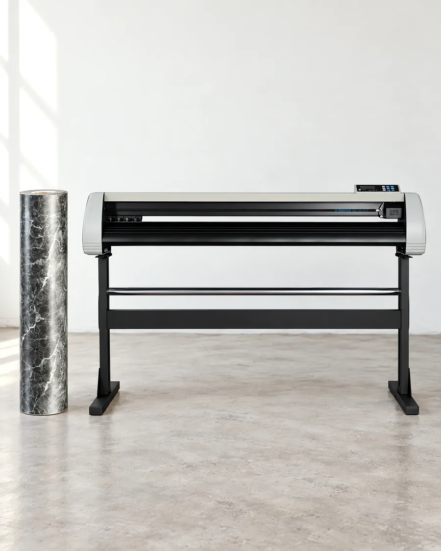 Rollo de vinilo marmol negro, parado junto al plóter de corte