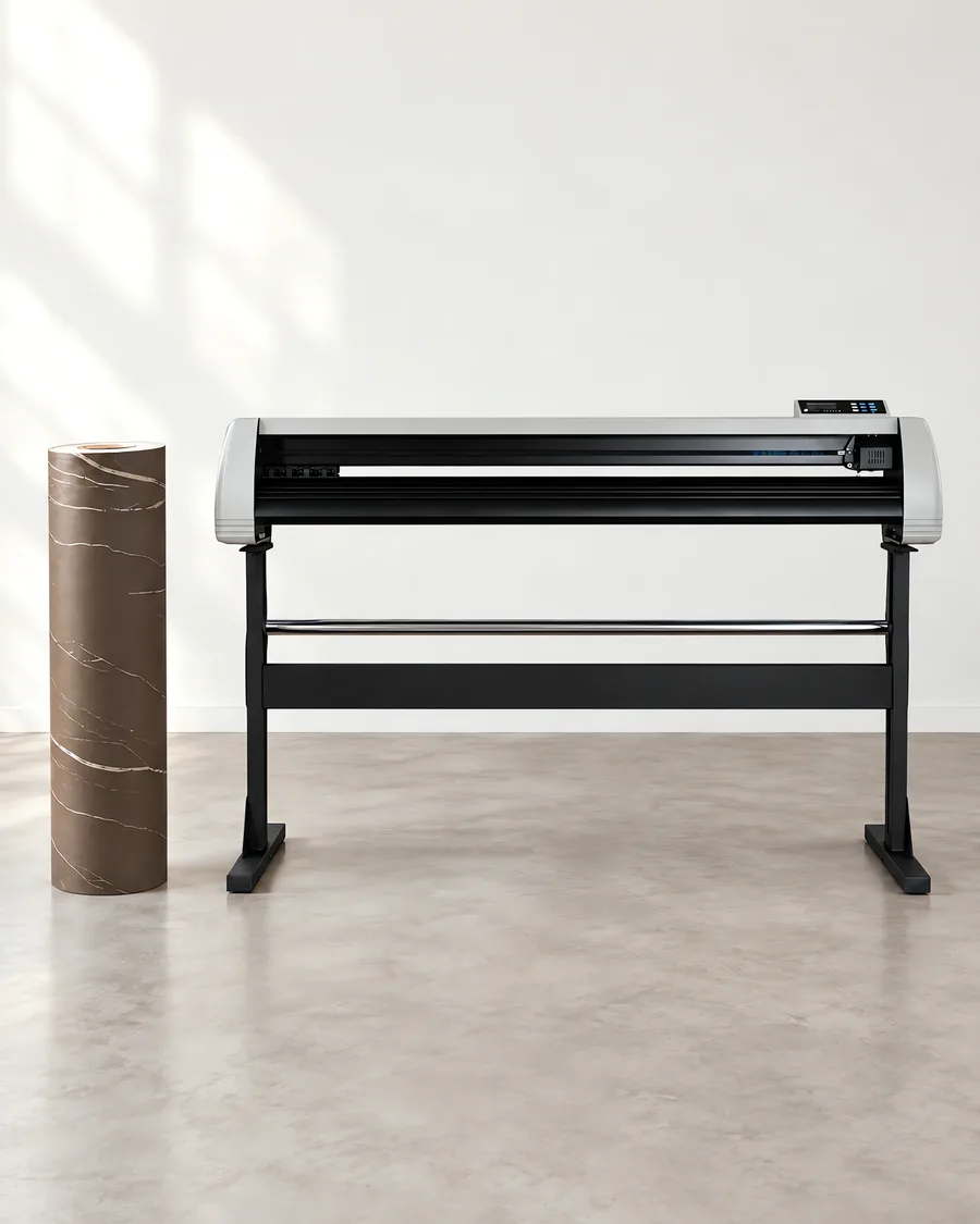 Rollo de vinilo marmol pietra grey, parado junto al plóter de corte