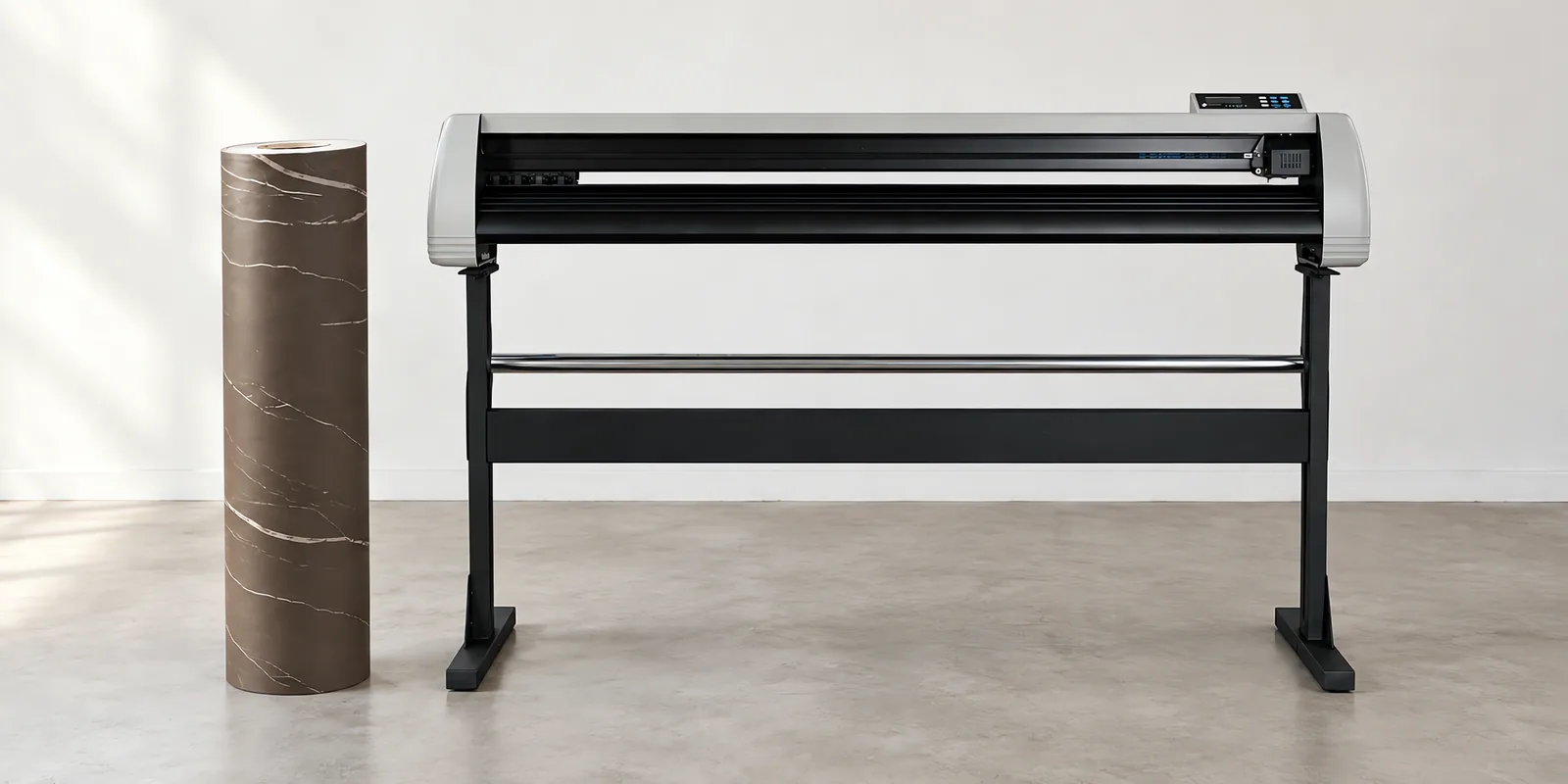 Rollo de vinilo marmol pietra grey, parado junto al plóter de corte