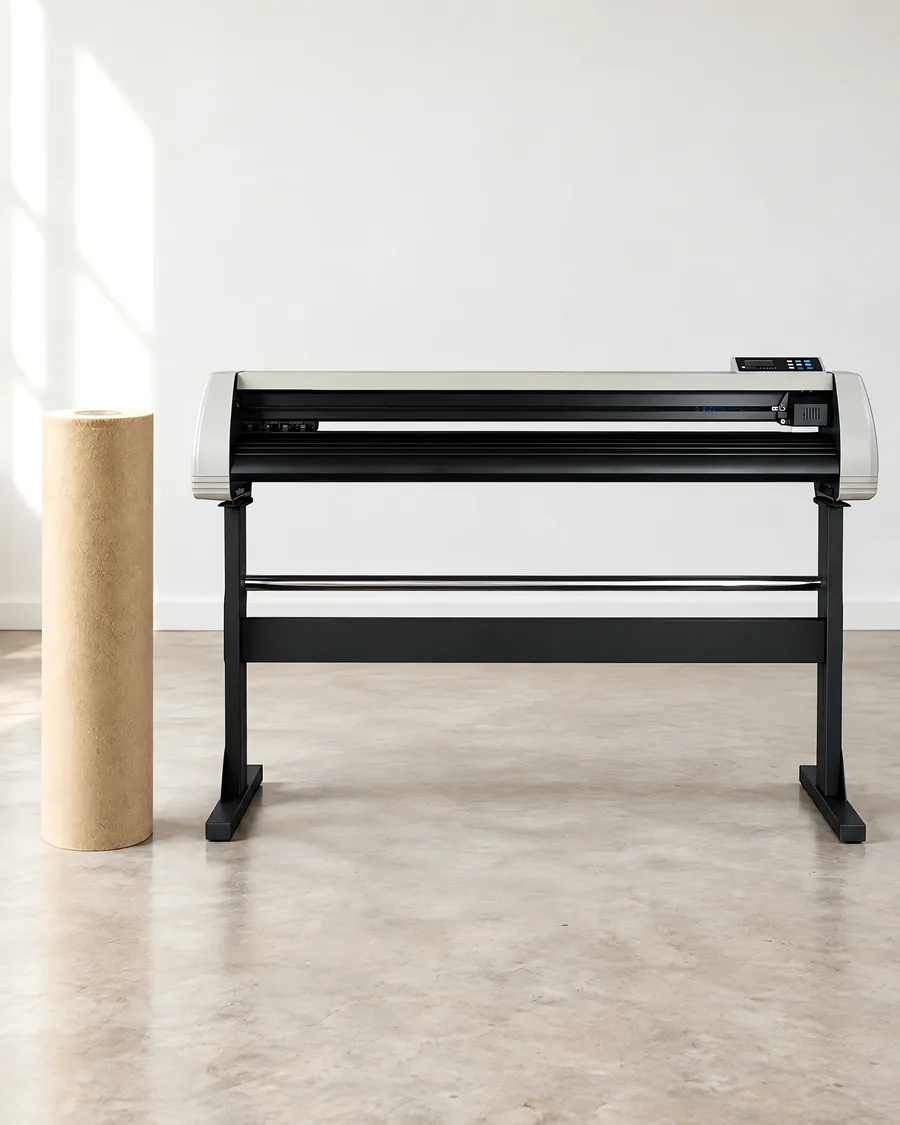 Rollo de vinilo texturado silver, parado junto al plóter de corte
