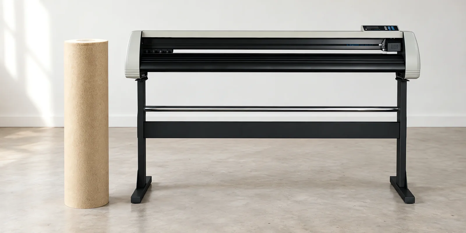 Rollo de vinilo texturado silver, parado junto al plóter de corte