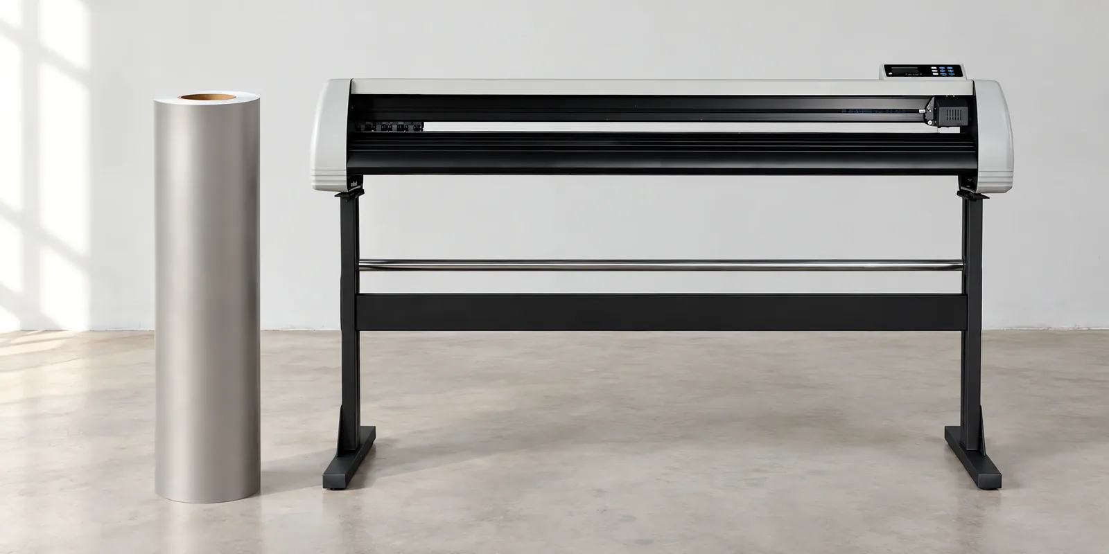 Rollo de vinilo esmerilado gris de 122 cm junto al plóter de corte