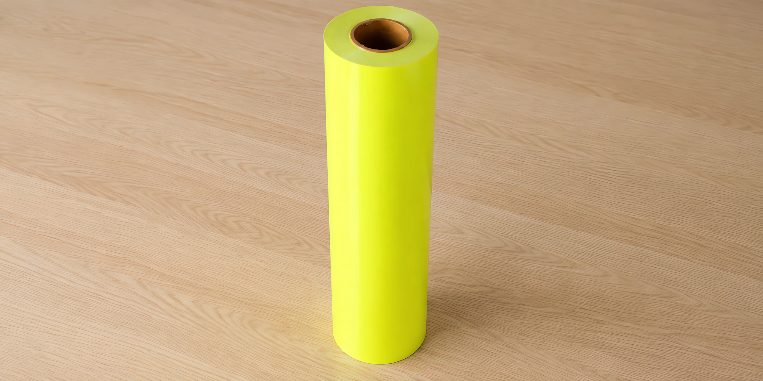 Vinilo termotransferible metalizado y fluo en rollo, sobre la mesa de trabajo