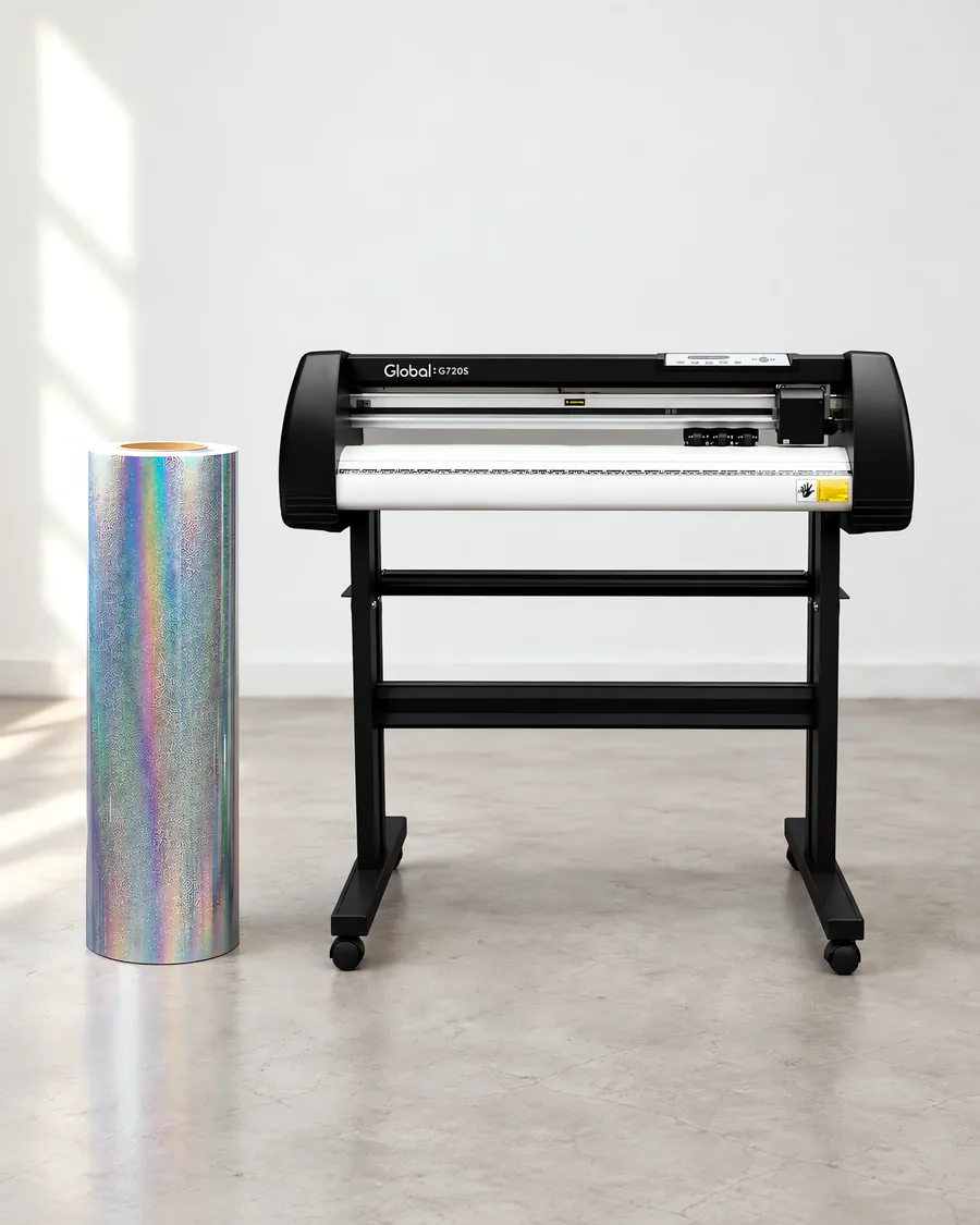 Rollo de vinilo holografico glitter, parado junto al plóter de corte