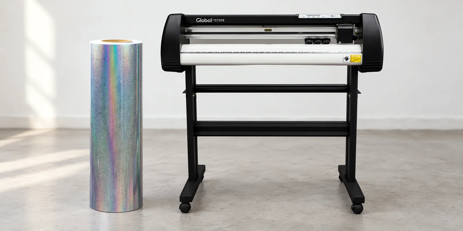 Rollo de vinilo holografico glitter, parado junto al plóter de corte
