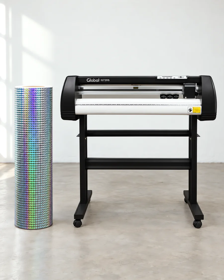 Rollo de vinilo holografico mosaic, parado junto al plóter de corte