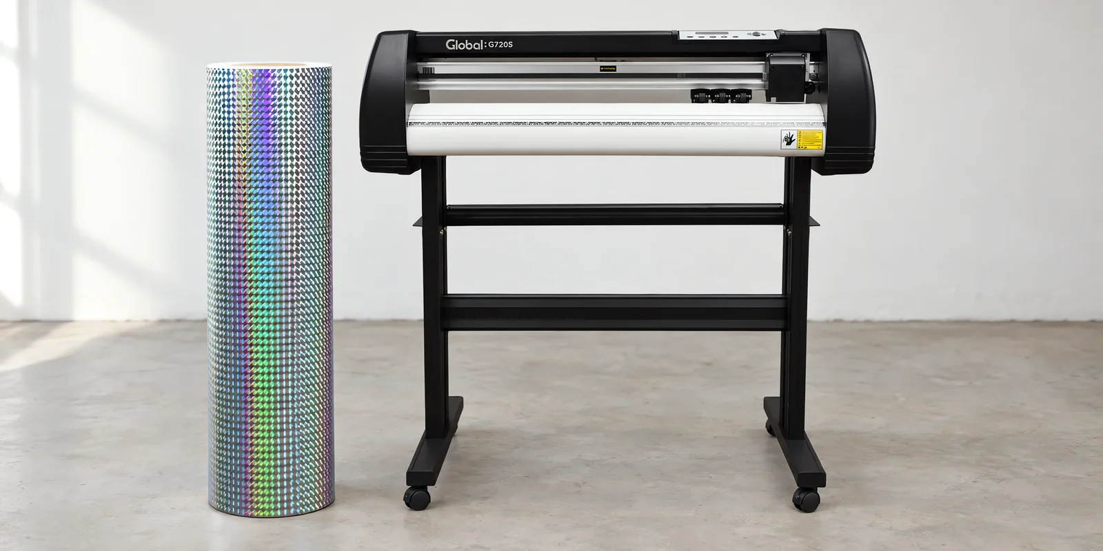 Rollo de vinilo holografico mosaic, parado junto al plóter de corte