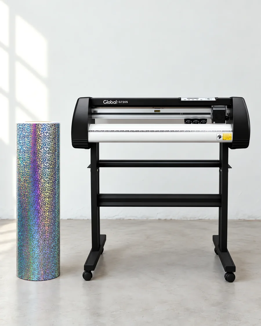 Rollo de vinilo holografico sparkle, parado junto al plóter de corte