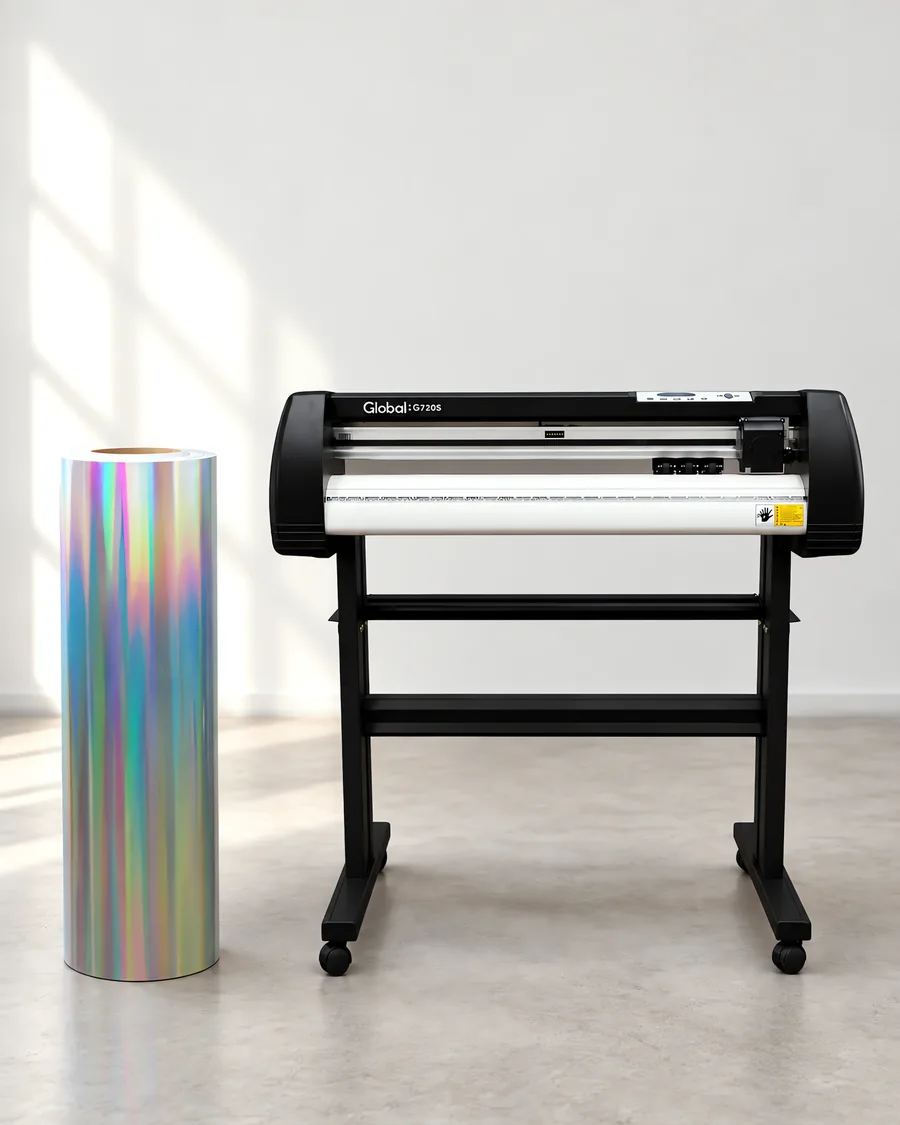 Rollo de vinilo holografico spectrum, parado junto al plóter de corte