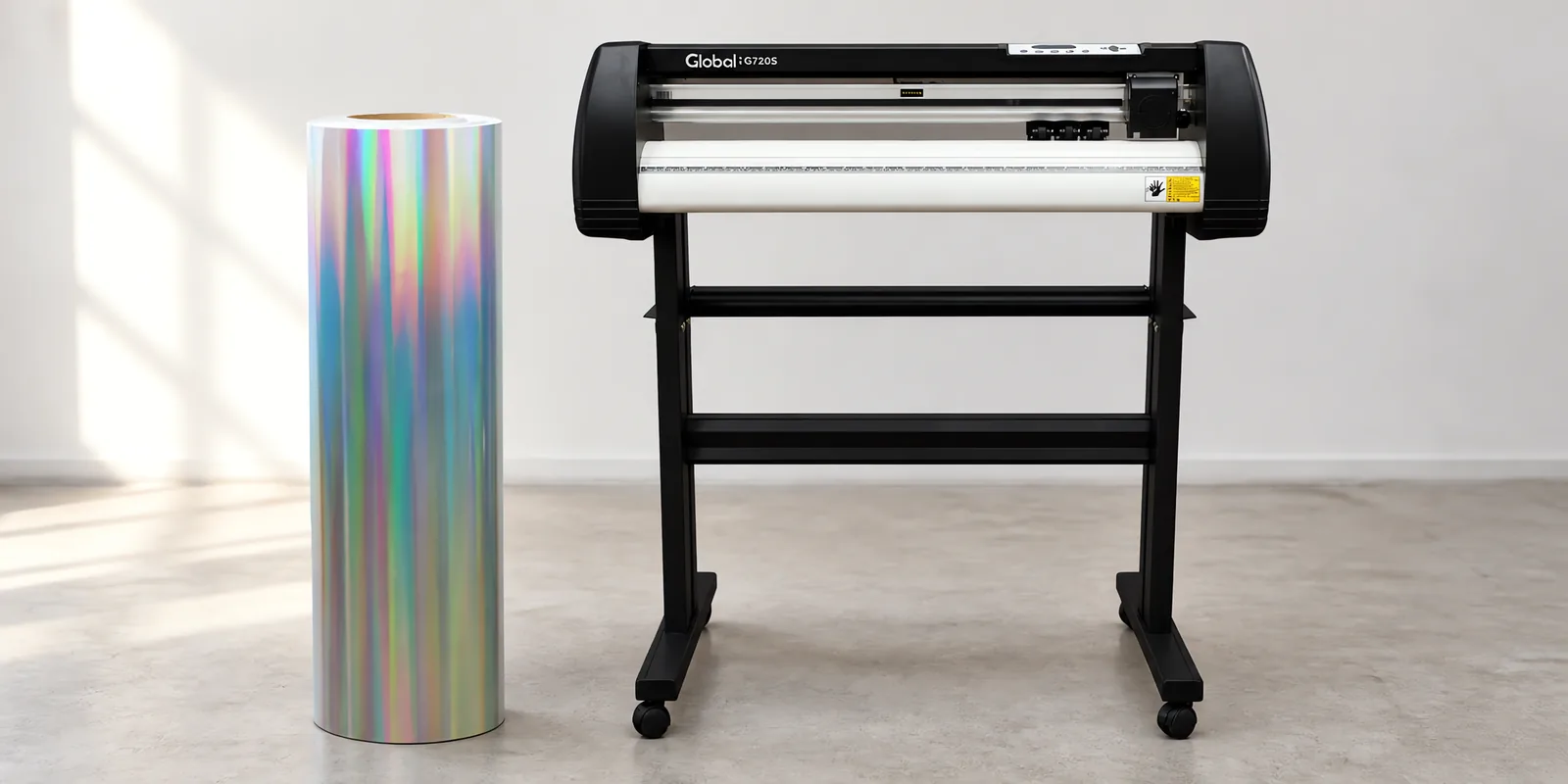 Rollo de vinilo holografico spectrum, parado junto al plóter de corte