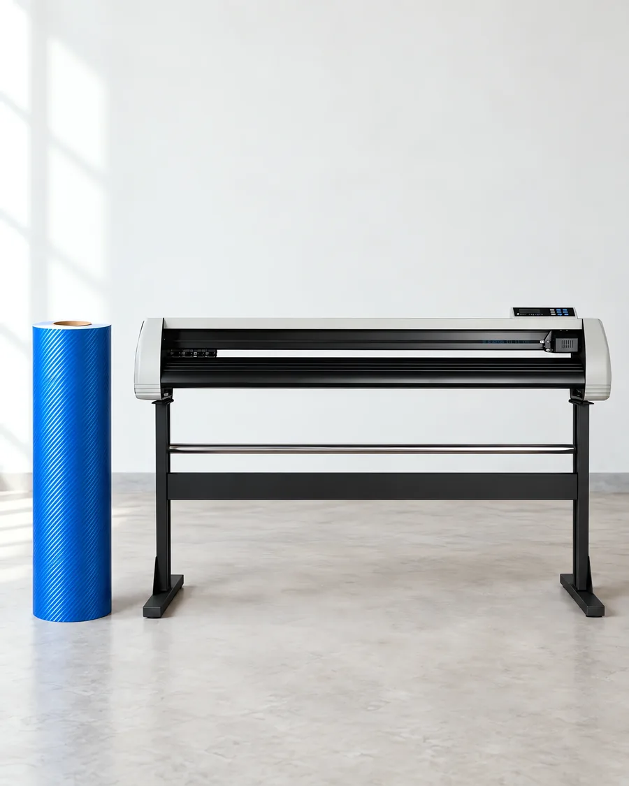 Rollo de vinilo mca azul, parado junto al plóter de corte