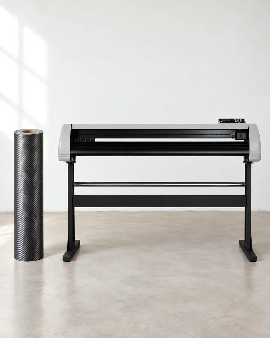 Rollo de vinilo mca gris oscuro, parado junto al plóter de corte