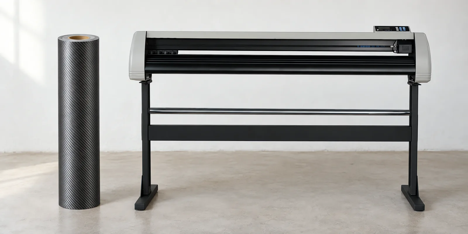 Rollo de vinilo mca gris oscuro, parado junto al plóter de corte